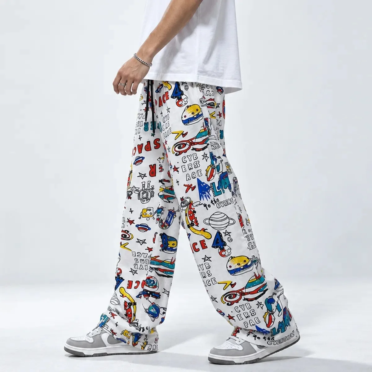 Men's Fresh Blue White Irregular Printed Casual Pants, Adjustable Drawstring Waist, Soft Silky Touch Lightweight Daily Trousers