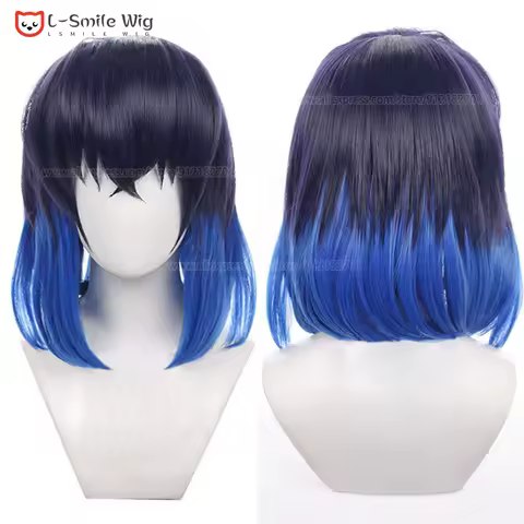 Anime Hashibira Inosuke Cosplay Wig Short Blue Wigs Heat Resistant Synthetic Hair Party Shinobu Kocho Wigs + Free Wig Cap