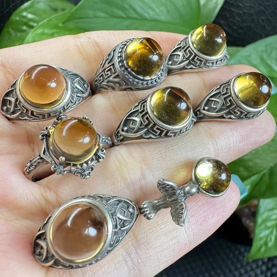 Trendy Fashion Vintage S925 Silver Resizable Ring Natural Citrine Bezel Setting Jewelry Style  for Weddings and Gifts