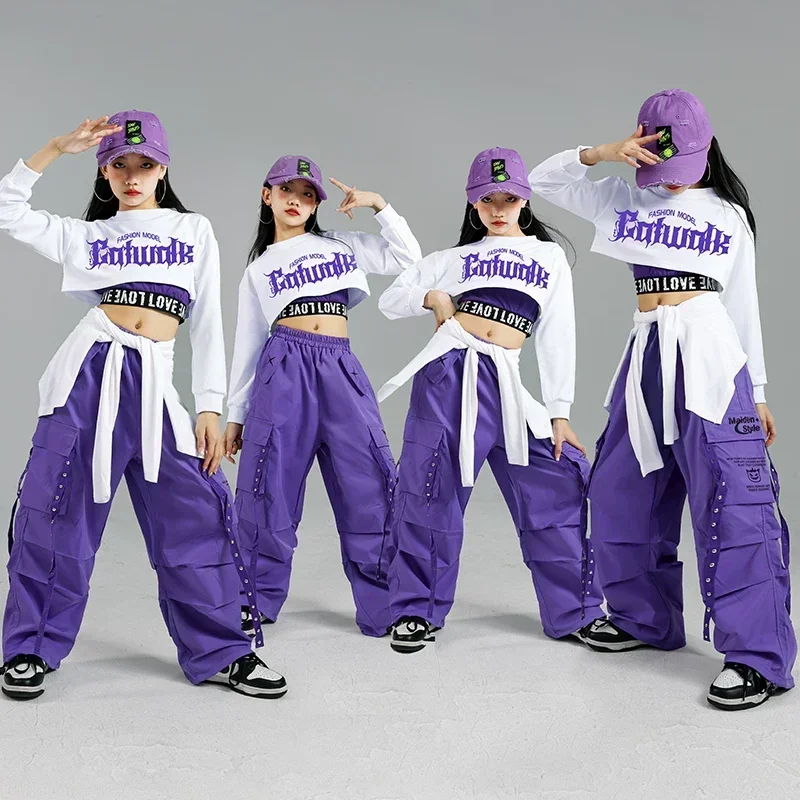 Tenues de danse de rue pour enfants, Streetwear pour enfants, ensembles de vêtements de Jazz de groupe, Hip Hop pour filles, mode K-pop, haut court, pantalon Cargo violet