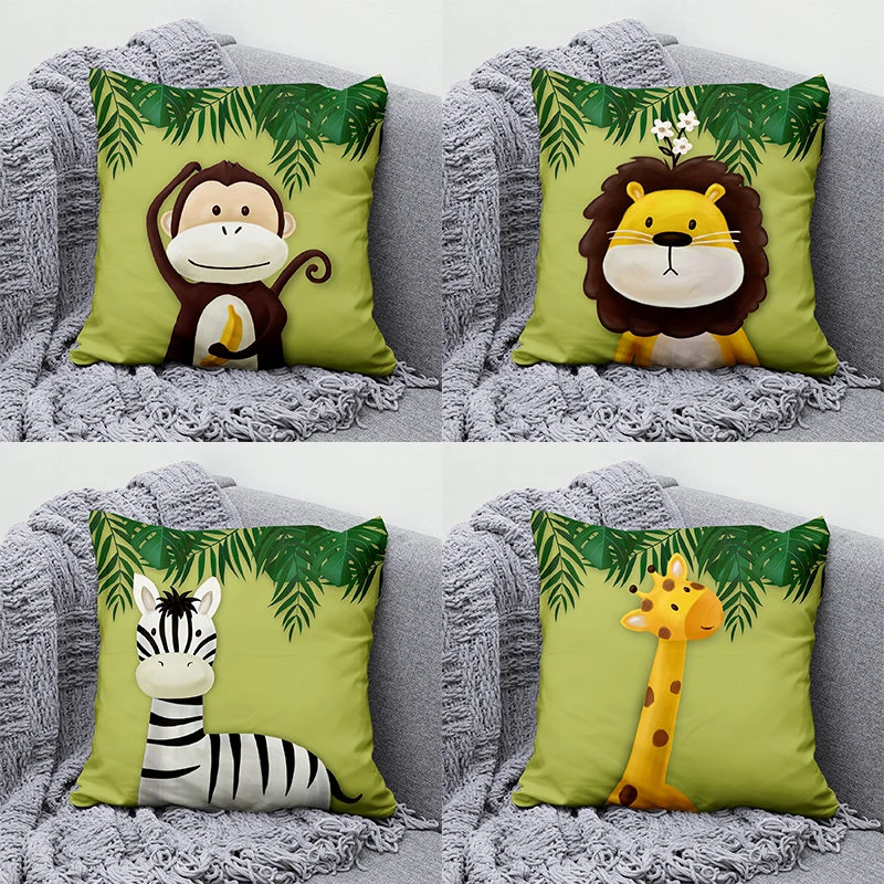 Pillow cover 45x45 Pillow case aesthetic cartoon animal zoo green leaf sofa chair cushion cover children room home decoration