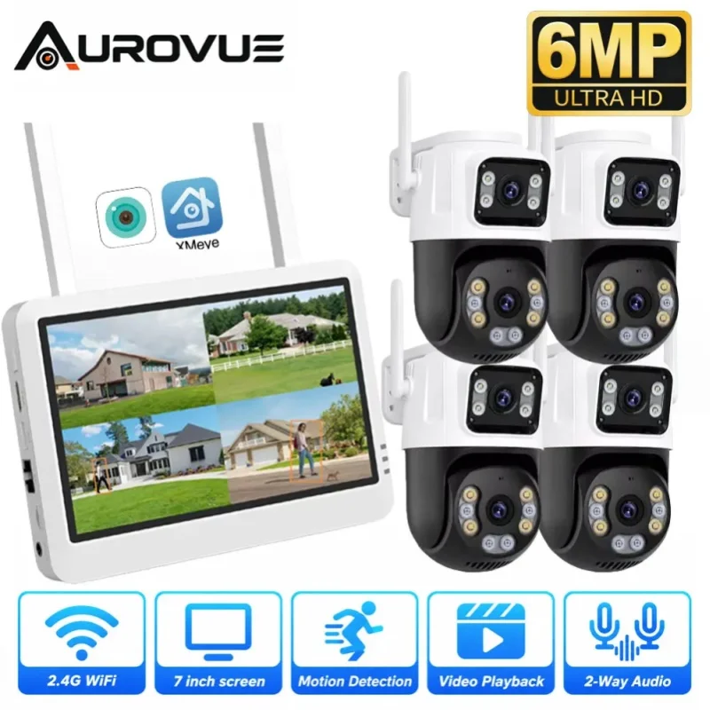 6MP Dual-Linsen-WLAN-Sicherheitskamerasystem 8CH NVR-Kit 7-Zoll-Bildschirm 4 Stück Outdoor-PTZ-Kameras 355 °   Herr 90 °   Neigbare Kamera mit Zwei-Wege-Audio, Bewegungserkennung, KI-gestützter