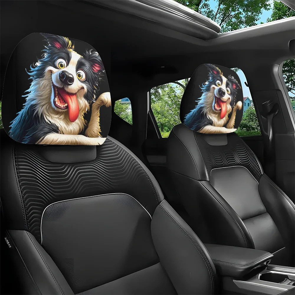 2Pcs Cartoon Border Collie Print Car Headrest Covers, Lively & Playful, Easy To Clean, Auto Interior Decor Accessories