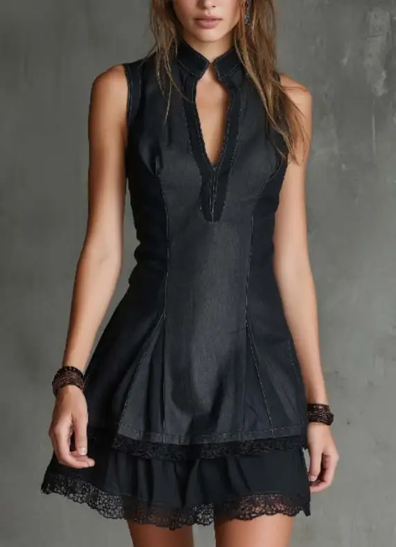 

Women Dresses 2026 Spring Summer New Fashion Lace Patchwork Solid Color Stand Collar Sleeveless Slim Fit Temperament Mini Dress