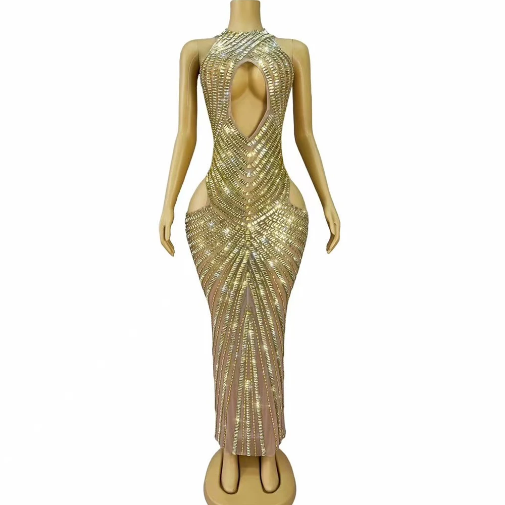 セクシーなハイエンドキラキラゴールドラインストーン中空ドレス女性エレガントなカクテルパーティーイブニング誕生日衣装パフォーマンスコスチューム