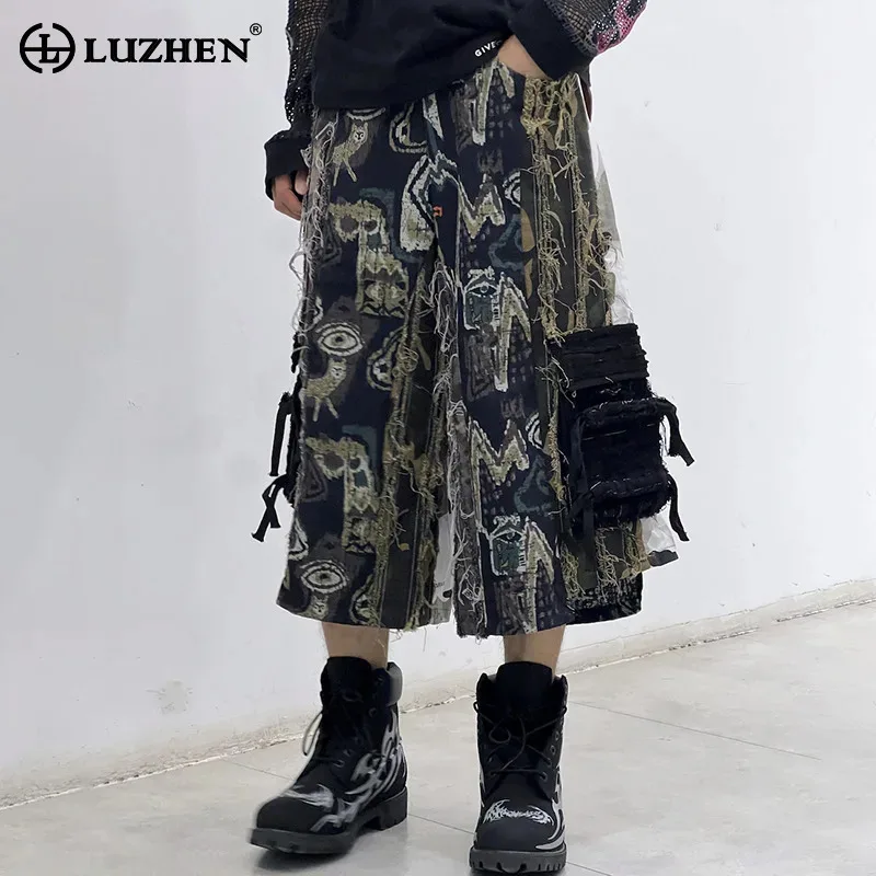 

LUZHEN Fashion Burr Patchwork Color Contrast Pockets Straight Cropped Trousers Men's 2025 New High Street Original Pants JY2873