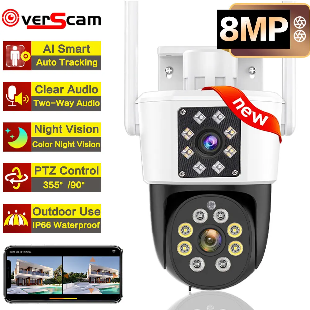 

8MP 4K PTZ WiFi IP Camera Security Protection Dual Lens Screen Color Night Vision Auto Track CCTV Surveillance Camera O-KAM APP