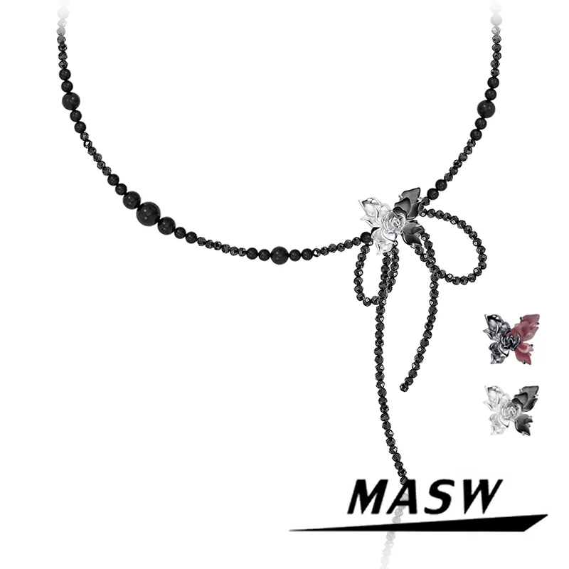 

MASW Original Design New Trend Dark Splicing Butterfly Black Bead Necklace For Women Girl Modern Jewelry Accessories Hot Sale