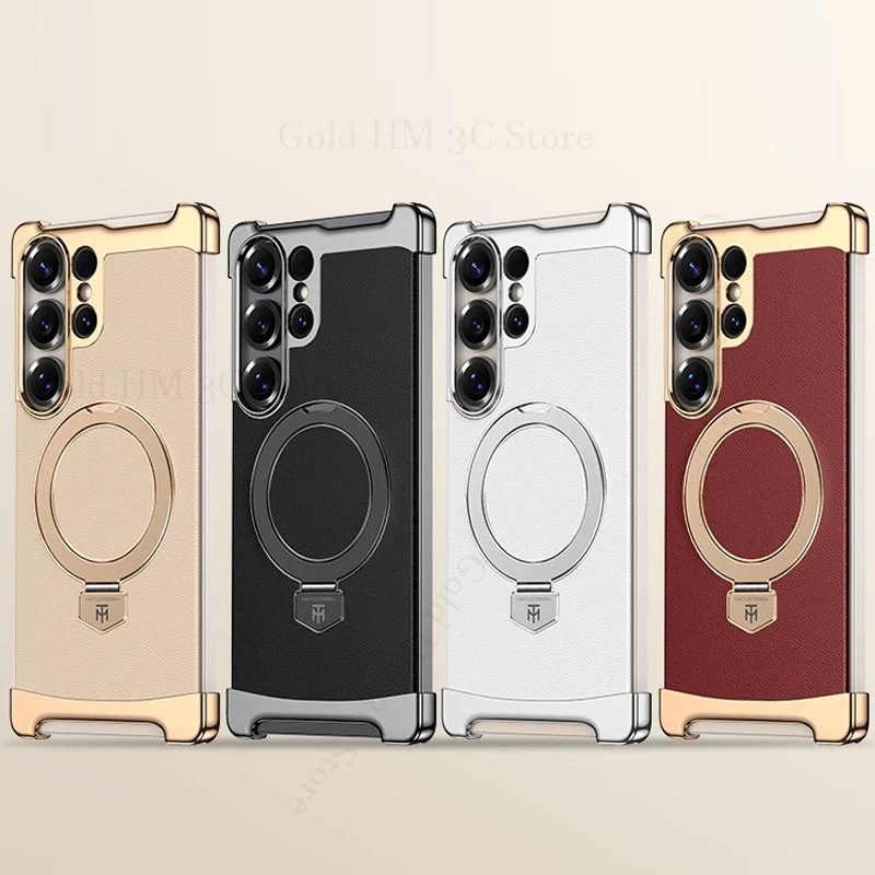 

Palting Leather Frameless Phone Case For Samsung S25 Ultra 5G Armor Shockproof Magnet Magsafing Stand Cover For Galaxy S24 Ultra