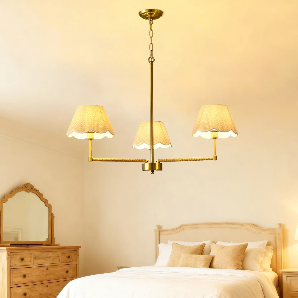 

Золотая люстра с 3 лампами из веревки и ткани, романтическая регулируемая для декора гостиницы/столовой - золото