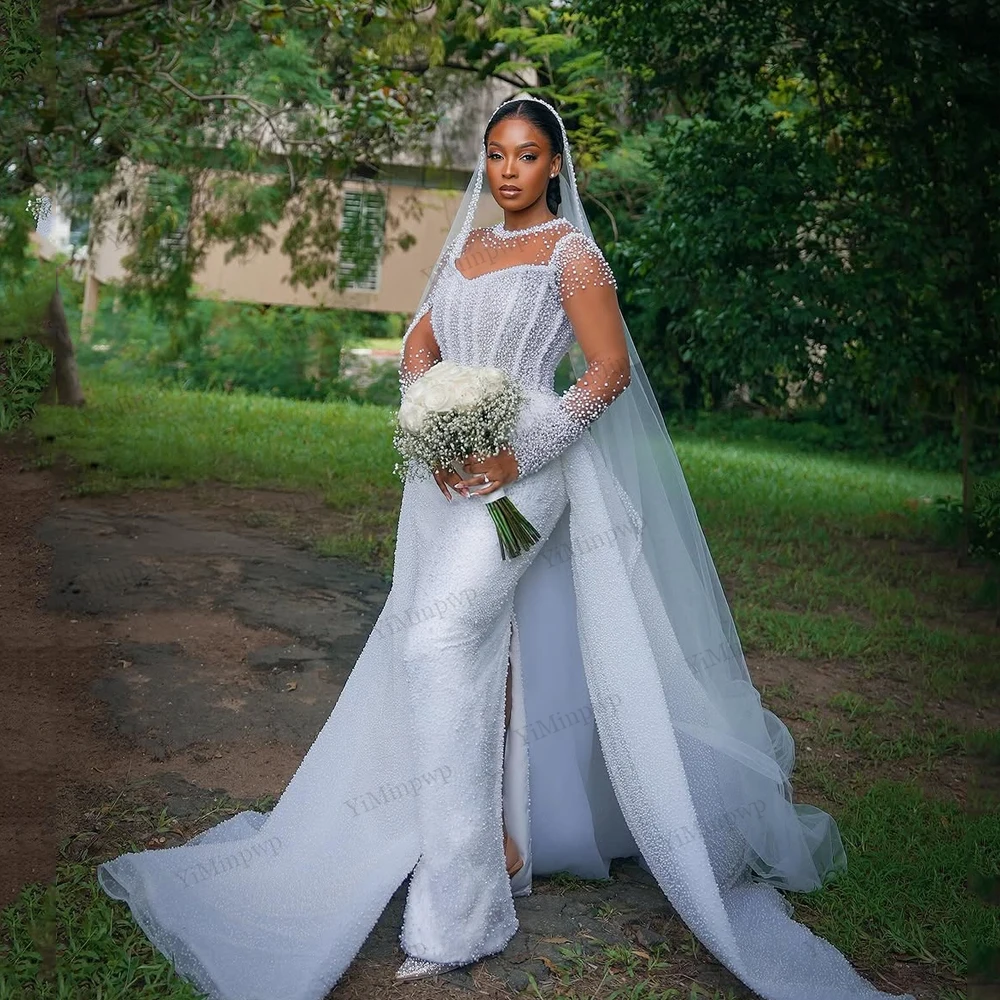 

Luxury African Wedding Dresses Pearls Full Sleeve O-Neck Mermaid 2 In 1 Bride Gowns Chapel Train vestidos de novia Customized