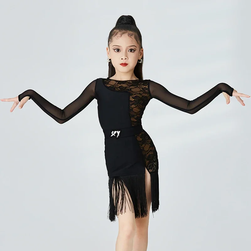 Girls Latin Dance Dress Long Sleeves Black Lace Practice Dress Cha Cha Rumba Fringe Dress Kids Performance Dancewear DNV17111