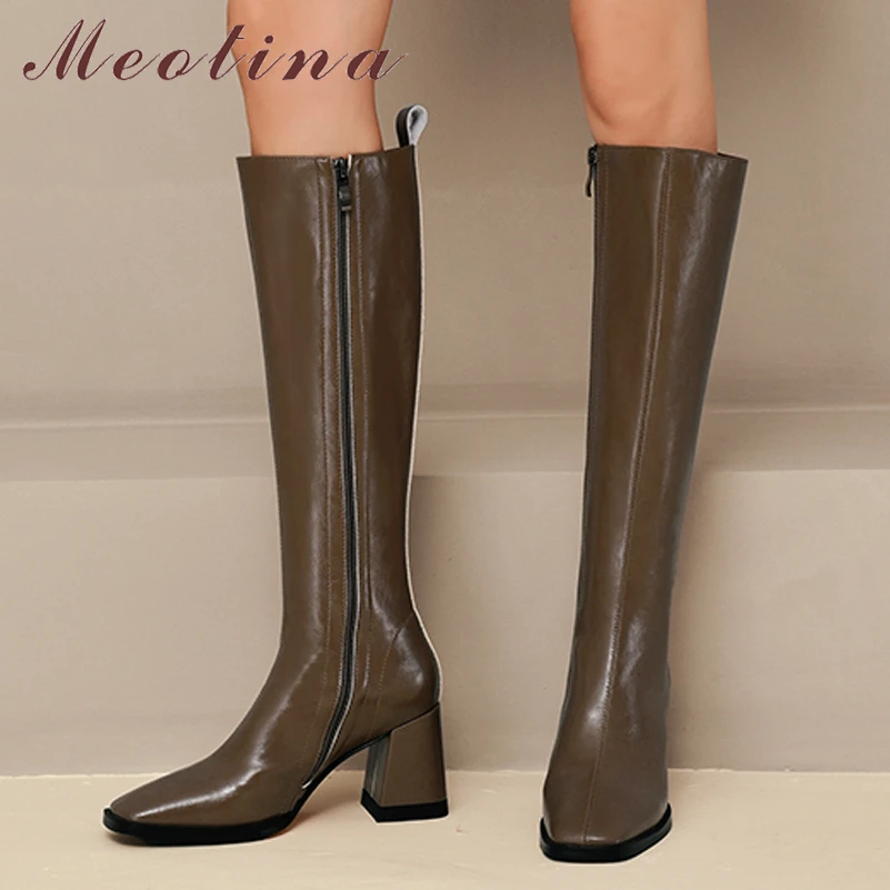 Meotina Women Genuine Leather Knee High Boots Square Toe Thick High Heel Zipper Lady Fashion Long Boot Autumn Winter Shoes Beige