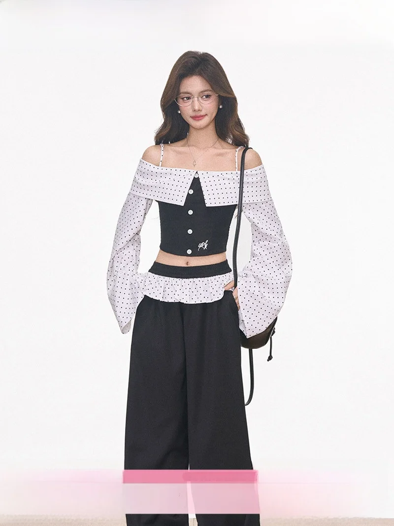 

Westayone Korean Sle Polka Dot Wide Leg Pants Women's One oulder Top Bot Set Faion Sensation ort Sve Long Pants