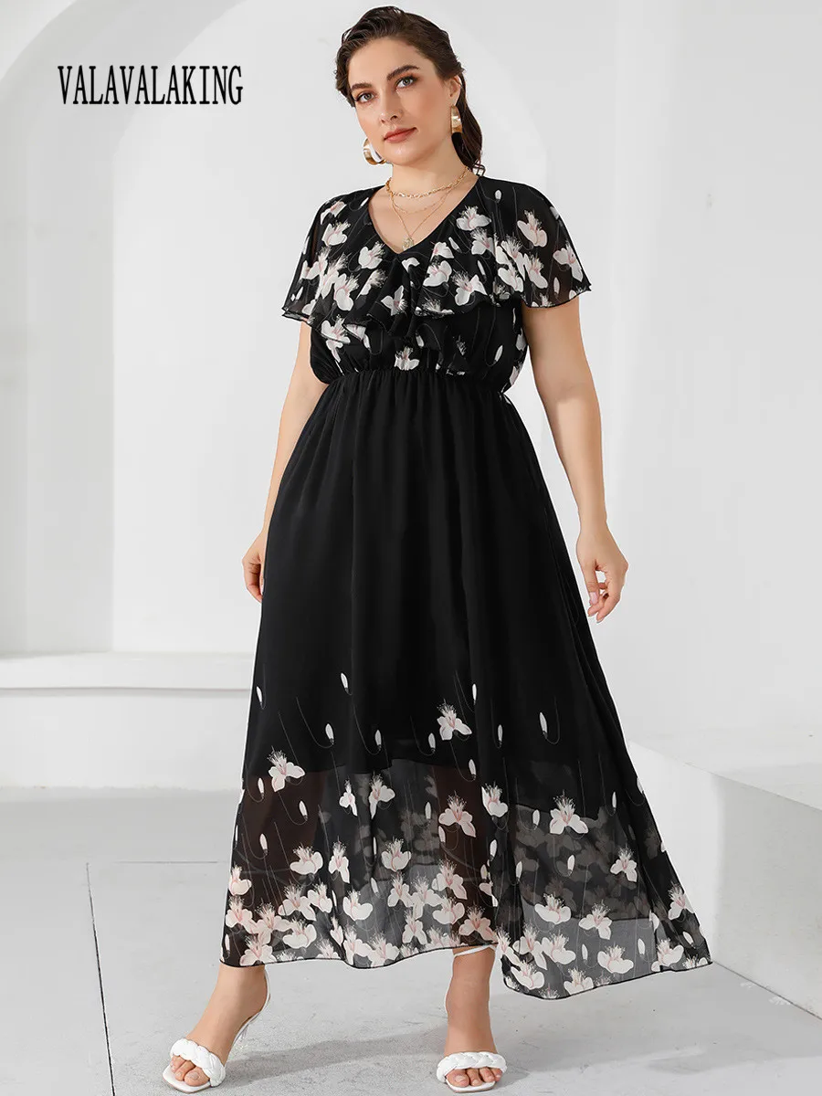 2025 V-Neck Flower Print Plus Size Dress Women Short Sleeve Large Maxi Dress Ladies Casual Chubby Curvy Black Mesh Long  Dress