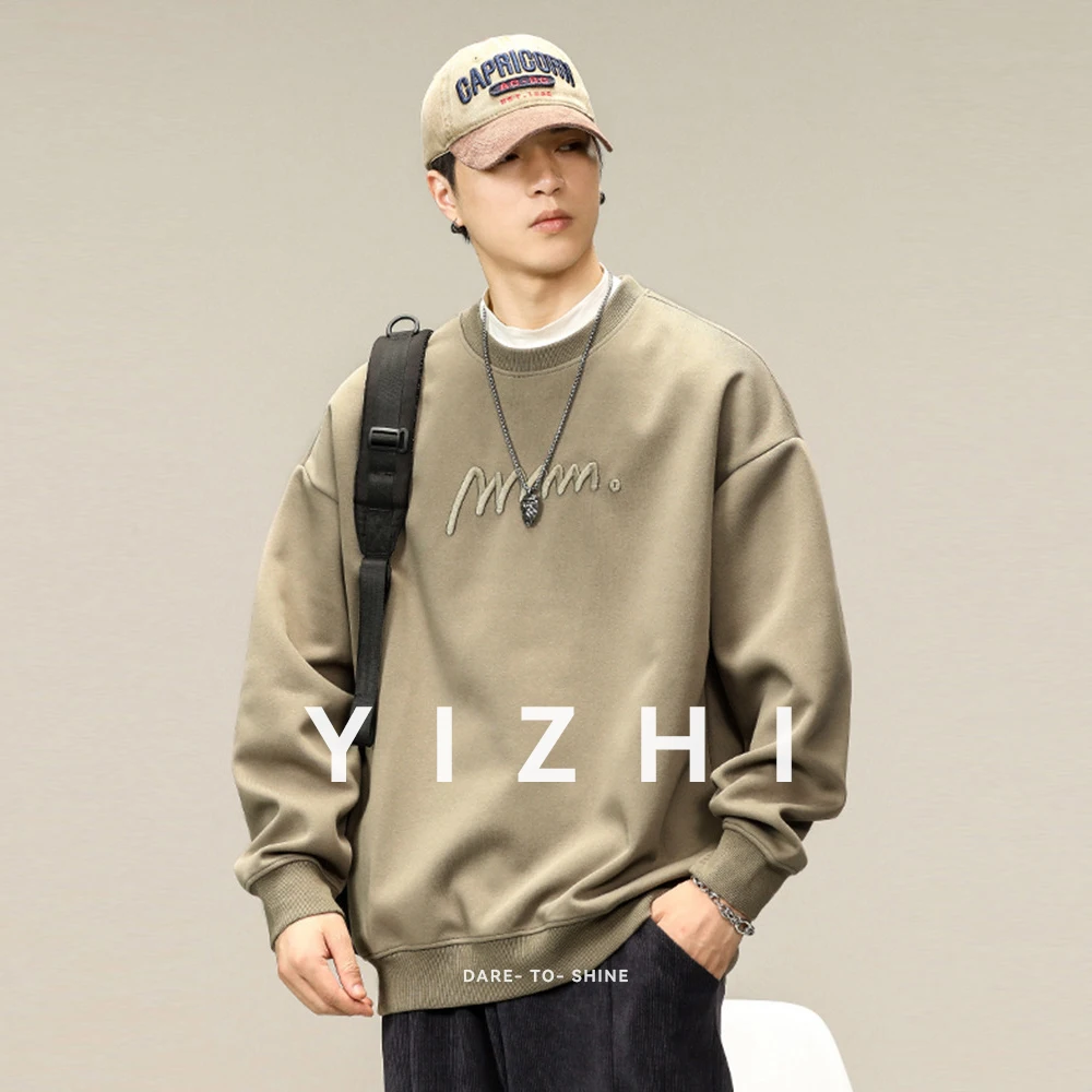 Fashion Men's American Retro Heavy Embroidery Sweater Winter Autumn New Loose Large Size Trendy Round Neck Top Men's Pullover