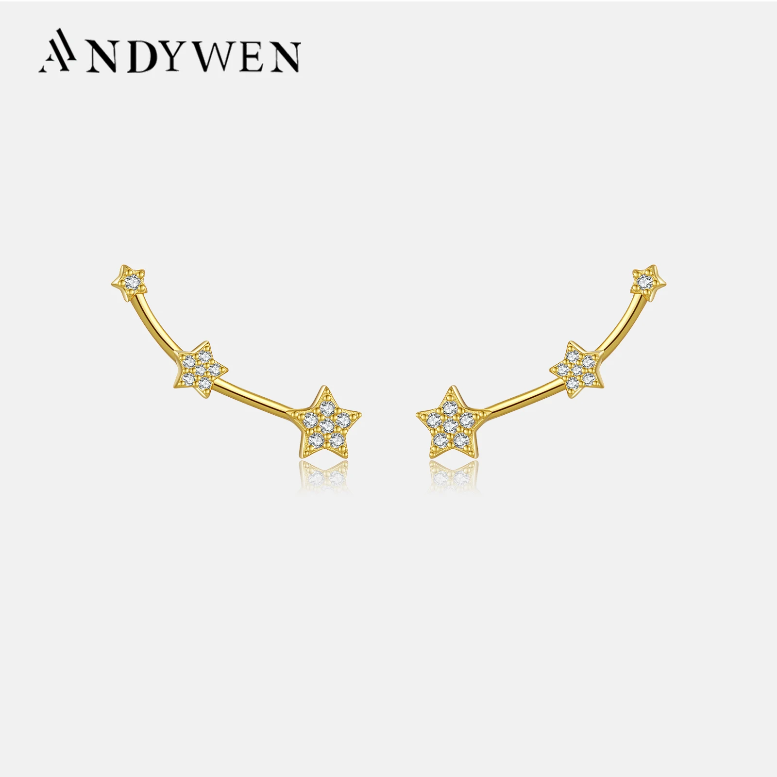 

ANDYWEN 925 Sterling Silver Gold Three Star Line Stud Earring Women Piercing Women Fine Jewelry Clips Pnedientes Jewels