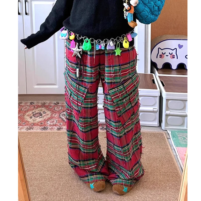 PBAP déchiré Plaid Cargo pantalon femmes bord brut bloc de couleur taille haute droite jambe large Baggy pantalon décontracté noël Vintage Streetwear