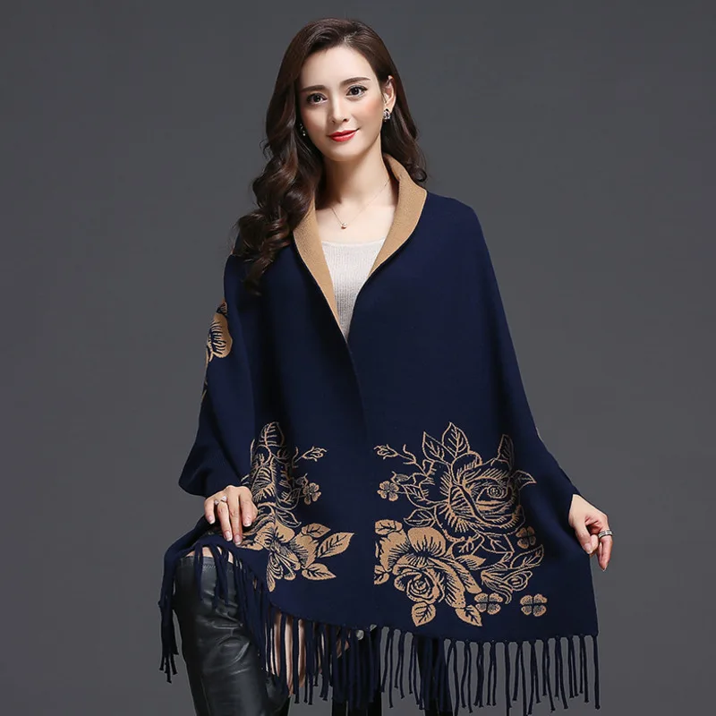 #4003 Autumn Winter Print Ponchos And Capes Women Outerwear Casual Vintage Batwing Sleeved Knitted Shawls And Wraps Femme Tassel