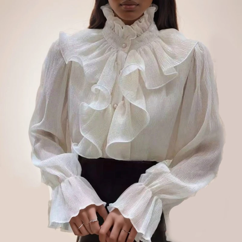 

2025 Elegant Flared Long Sleeve Chiffon Shirt Spring Ruffle Stitching Stand Collar Women Blouse Buttons Ruched Loose New Top