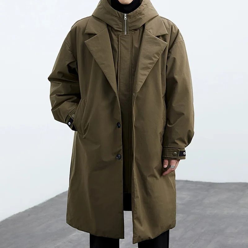 

New Winter Korean Style Men's Trendy Puffer-Look Hooded Mid-Length Coat Men Clothing Trench Coat Coat Men Cloak