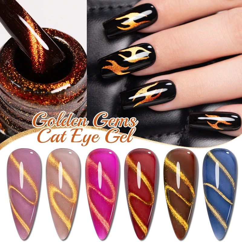 PUENTE Golden Gems Cat Magnetische Gel Nagellak Super Glanzend Goud Glitter Cat Eye Losweken UV/LED Semi-permanente Nail Art Vernis