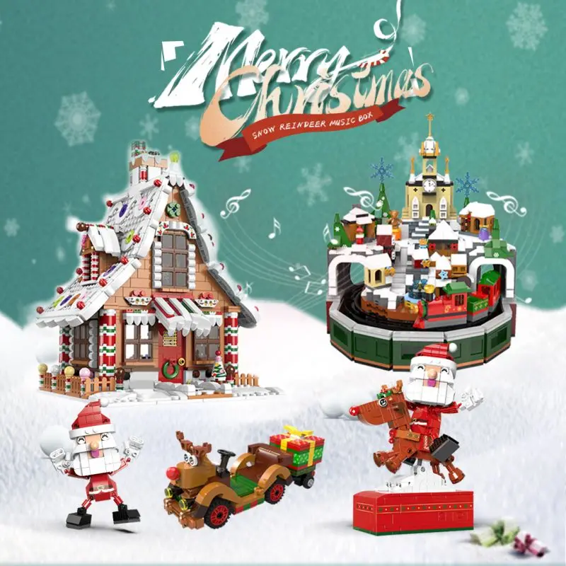 

Christmas Snowy Reindeer Castle Music Box Building Block Set Gingerbread House with Light Bricks Deer Pulling Car Santa Claus