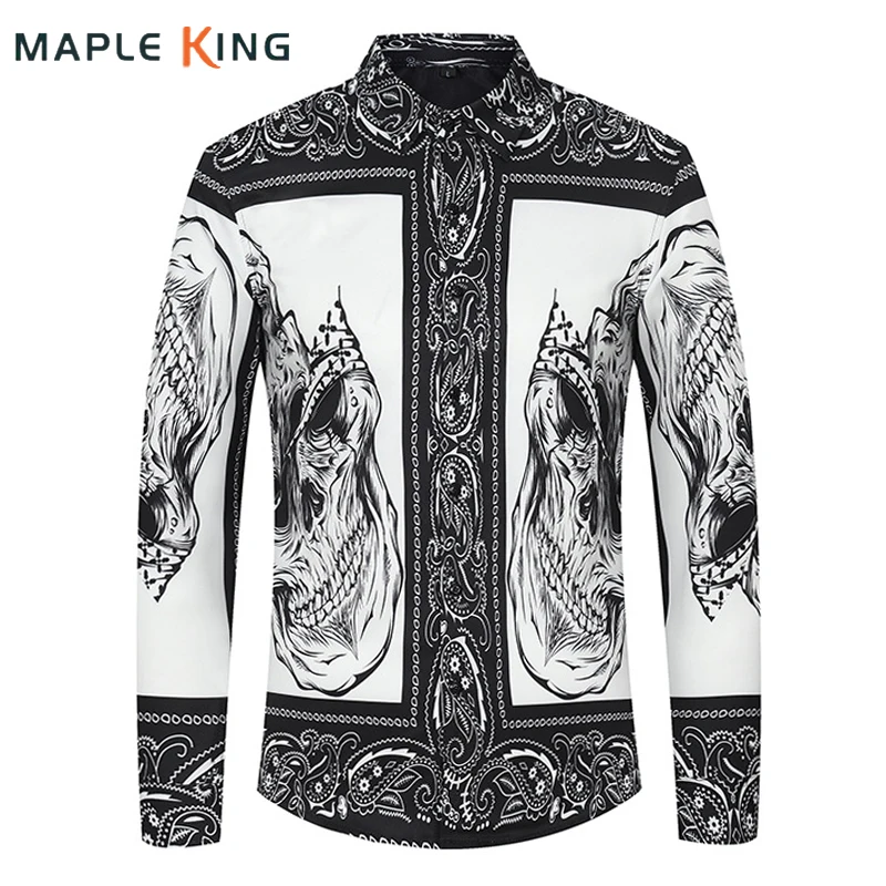 

Men Formal Shirt Luxury Baroque Camisas Hombre Elegantes Skull Print Long Sleeve Slim Button Down Shirt Men Steampunk Streetwear