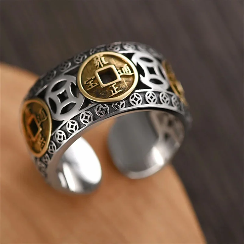 

Retro Hollow Flower Coin Money Ring For Men Jewelry Blessing Finger Accessories Male Open Fortune Ring For Boyfriend Gift