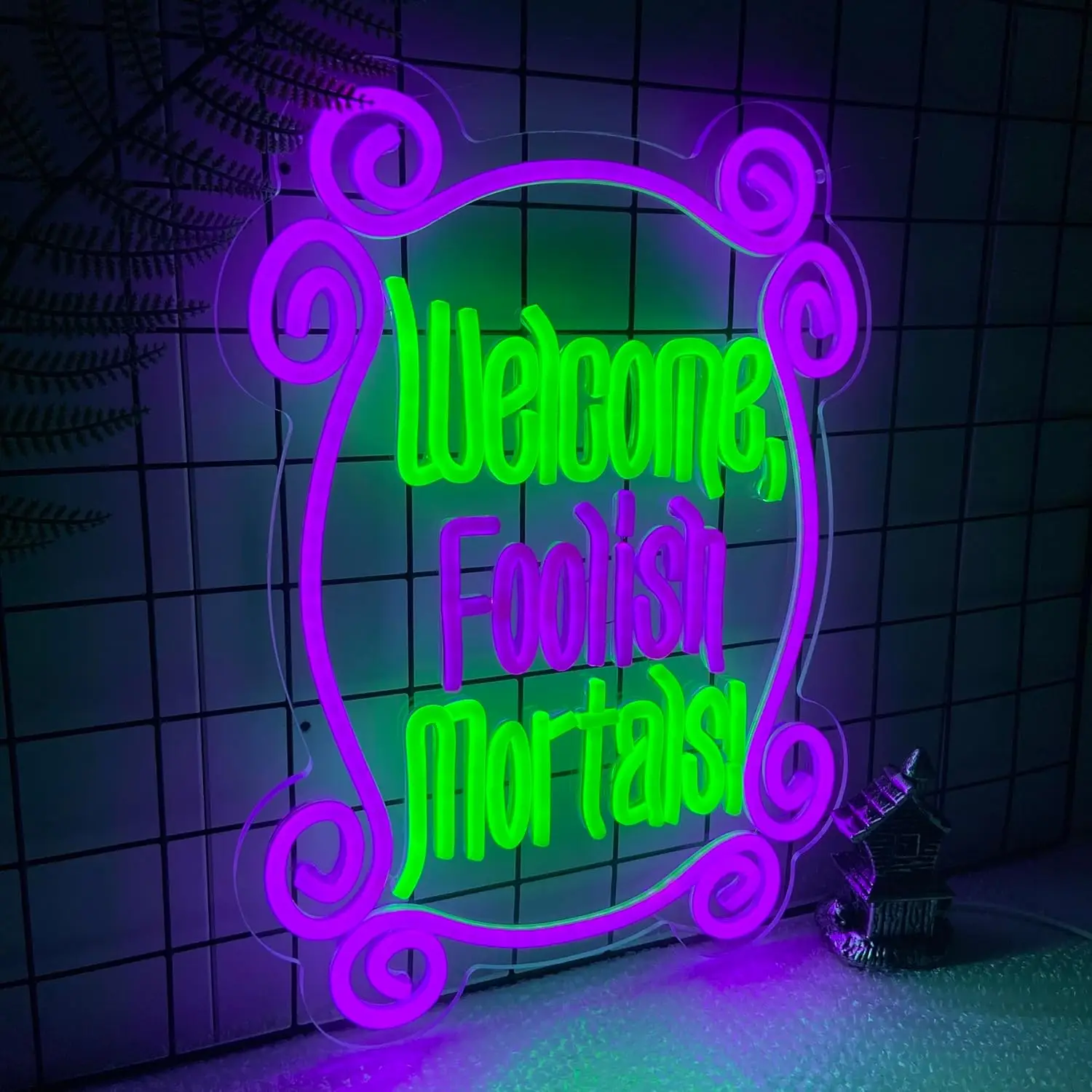 Welcome Foolish Mortals Neon Sign Haunted Mansion Decor USB Dimmable Spooky Gothic Coffin LED Neon Light Halloween Party Decor