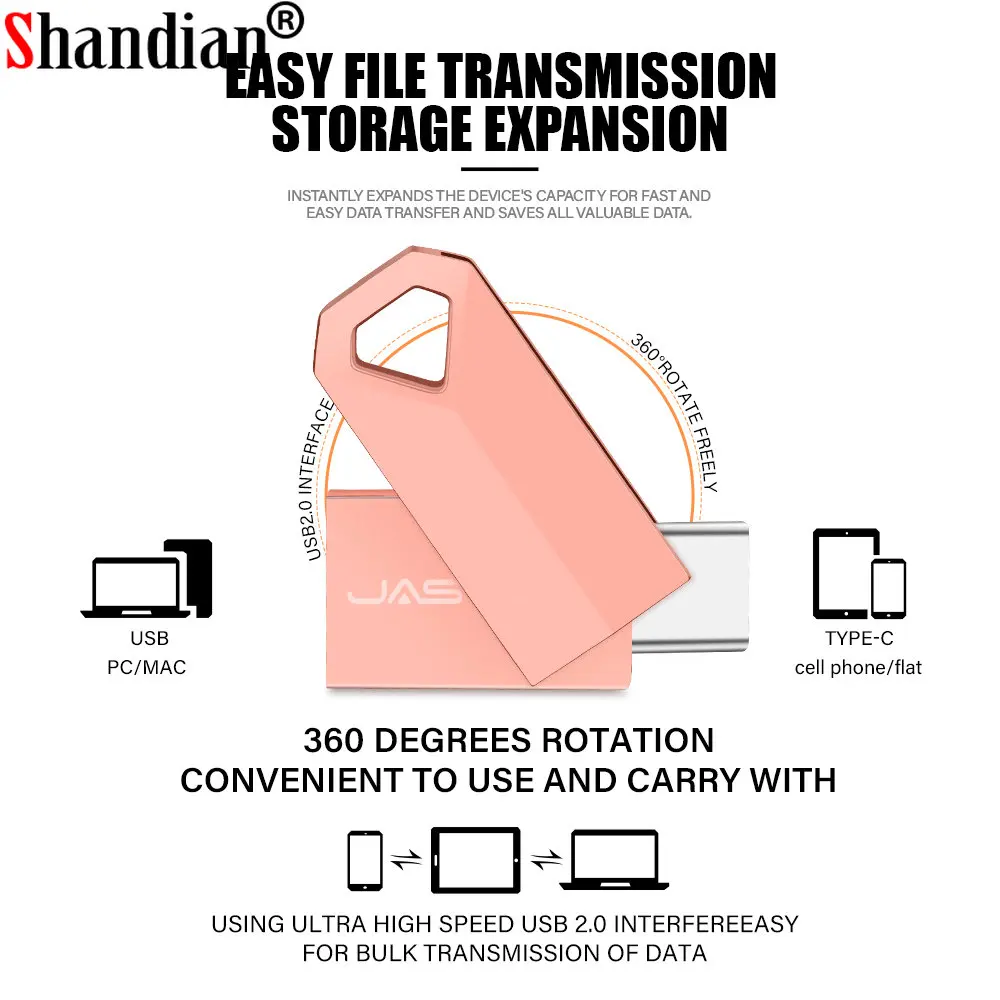 SHANDIAN-unidad Flash USB de Metal, 2,0, 64GB, 100%, capacidad Real, resistente al agua, 32GB, logotipo personalizado gratis, regalo creativo, disco U de 16GB