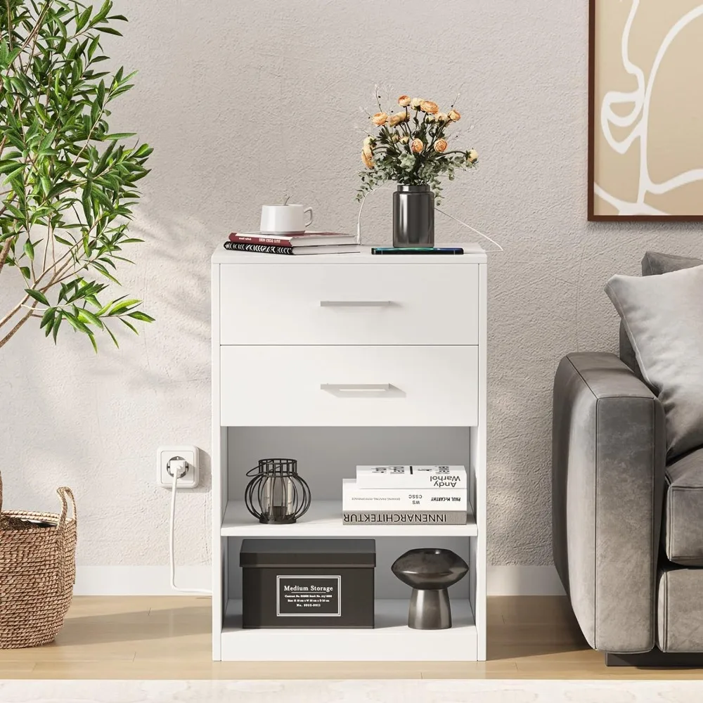 Bedside Table Bedside Table With 2 AC Outlets and 2 USB Ports Storage Locker Nightstand With Charging Station Bedroom Furniture