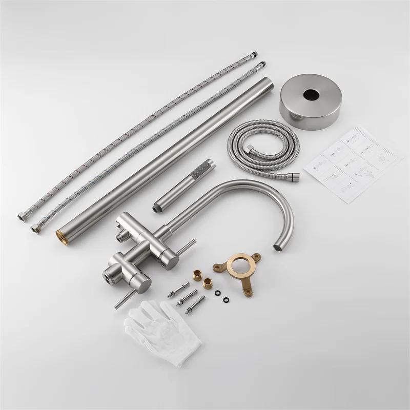 

Floor Mounted Bathtub Shower Faucet Brushed Nickel Dual Handle Bathroom Tap Brass Waterfall Bath Tub Filler Faucet