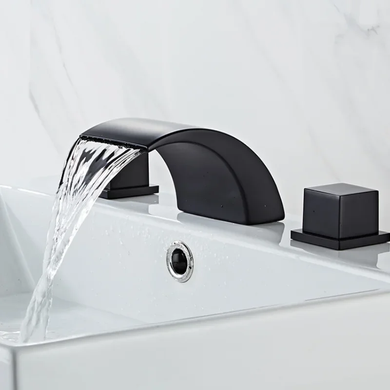 Black Bathroom Sink Faucet 3 hole Basin Waterfall Faucet Hot and Cold Water Bathtub Split Washbasin Mixer Taps Three Piece Set