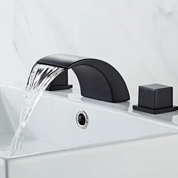 Grifo negro para lavabo de baño, grifería de cascada de agua caliente y fría para bañera, mezclador de lavabo dividido, juego de tres piezas