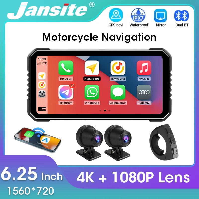 Jansite 6.25'' 4K+1080P Lens Carplay For Motorcycle GPS Navigation Wireless CarPlay Android Auto IP67 Waterproof MirrorLink WiFi