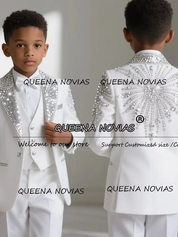 Brilliant Crystals Beaded Boys Suit 3 Pieces Sequins Lapel Children Blazer Customized Kids Tuxedos trajes de bodas niño Luxury image 3