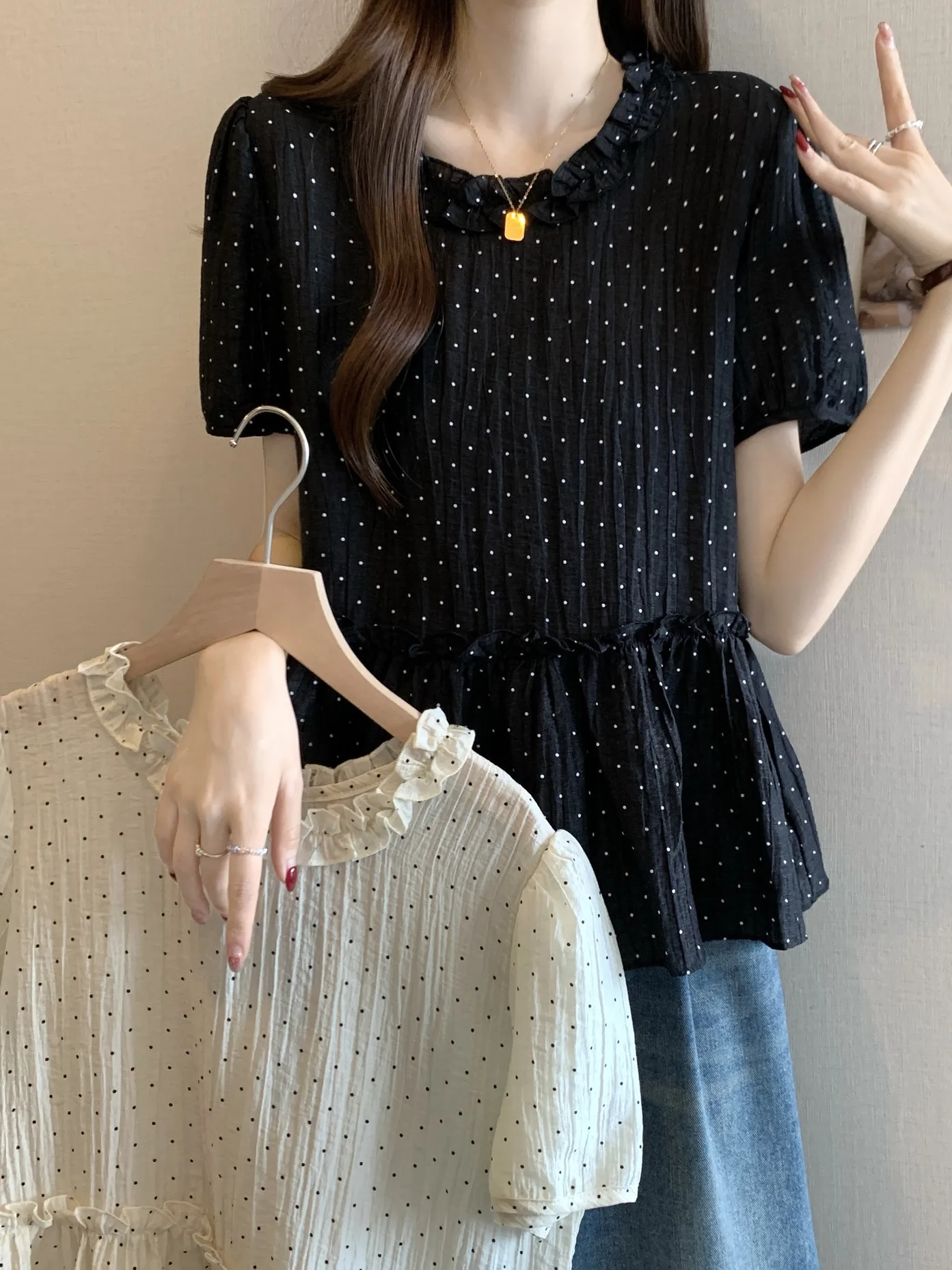 

Летний шифоновый топ в горошек, женский утягивающий топ с воланами, большой размер, удобный корейский повседневный топ