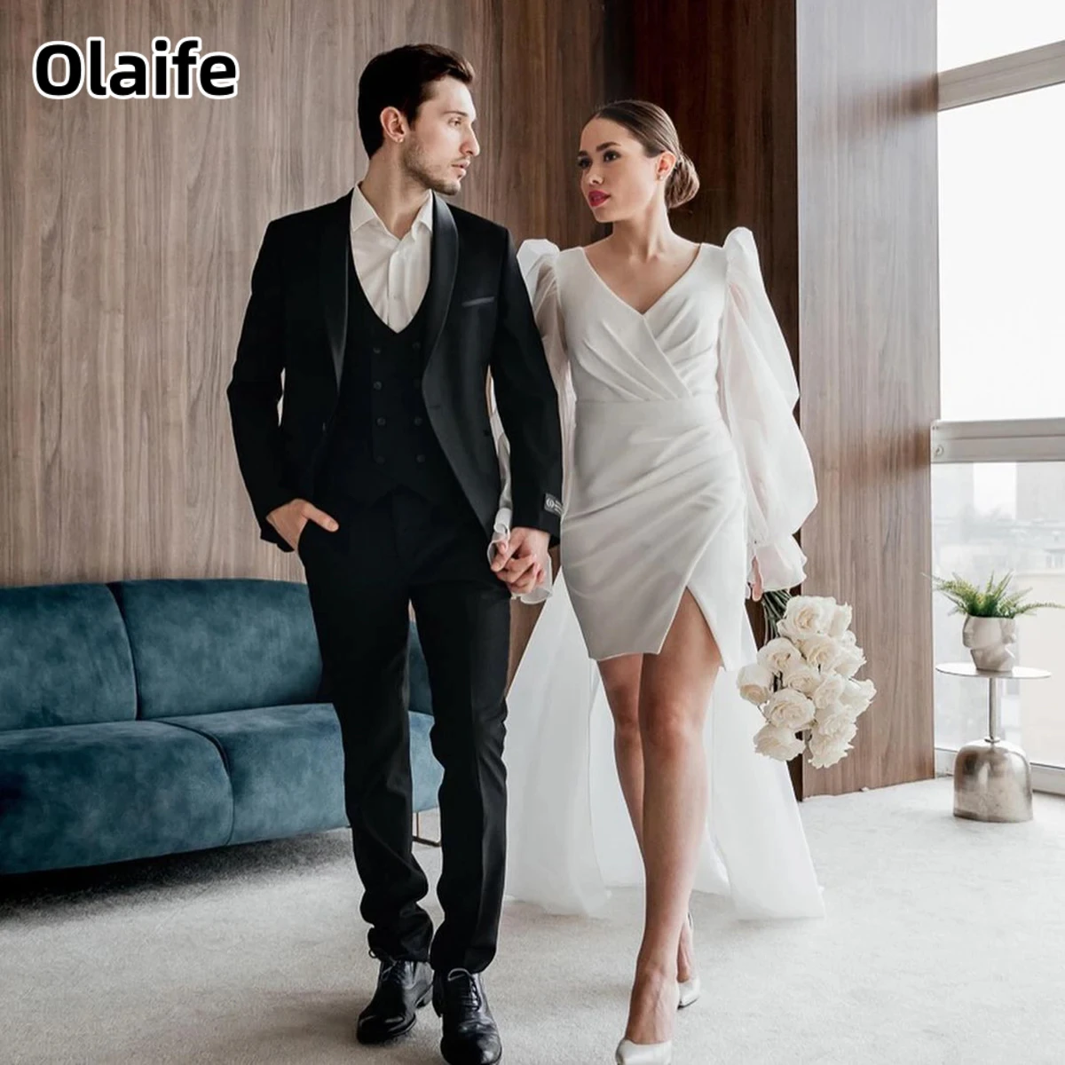 

Olaife Organza Long Sleeves Wedding Dress Separate Bow Train Simple V Neck Ruched Custom Made Cute Short Illusion Back Bride