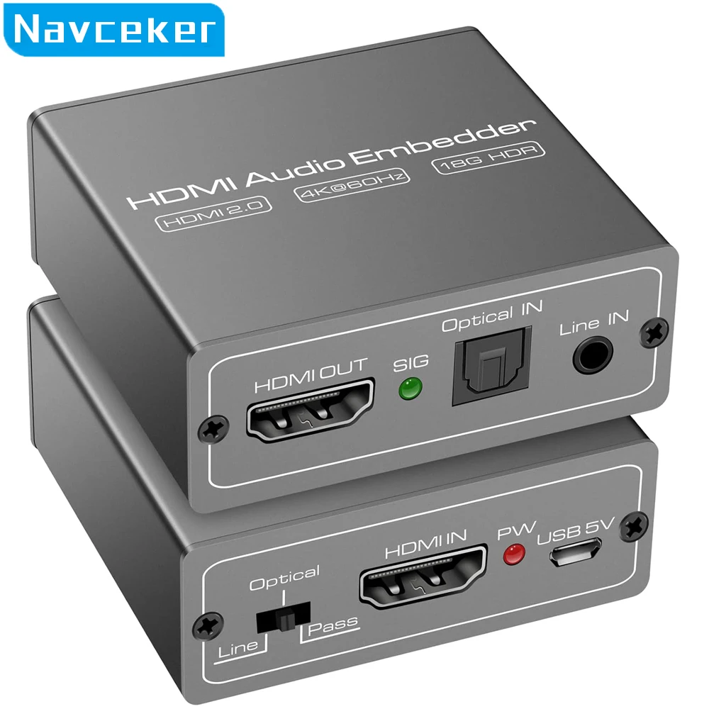 Navceker HDMI Audio Converter 4K 60Hz HDMI Audio Extractor adaptor Video Audio Splitter Embedder Adapter video synth CEC HDR10