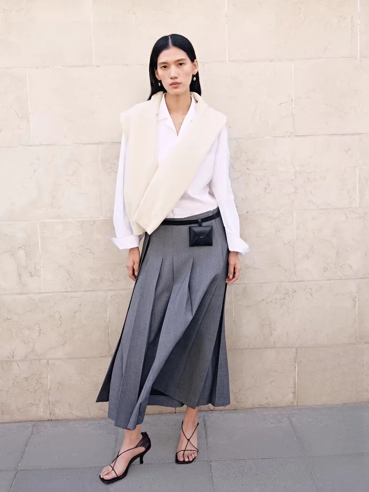 

Женская плиссированная юбка миди с поясной сумкой Ele, весна 2025, из смесового полиэстера, свободный крой, А-силуэт