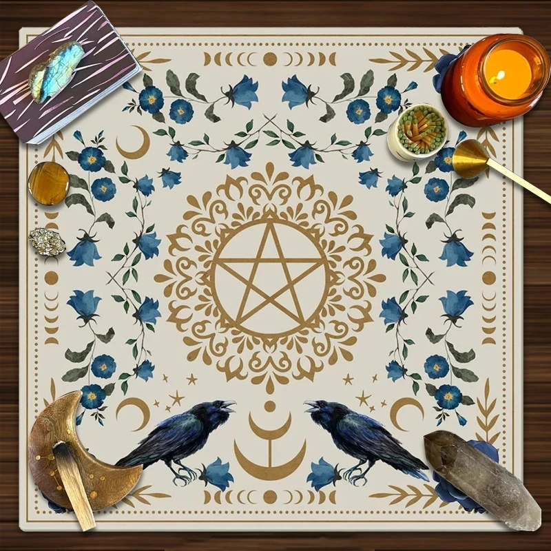 Altar Cloth with Moon‑Phases and Flowers, Designed for Tarot Spreads and Readings, Ideal for Witch‑themed Decor