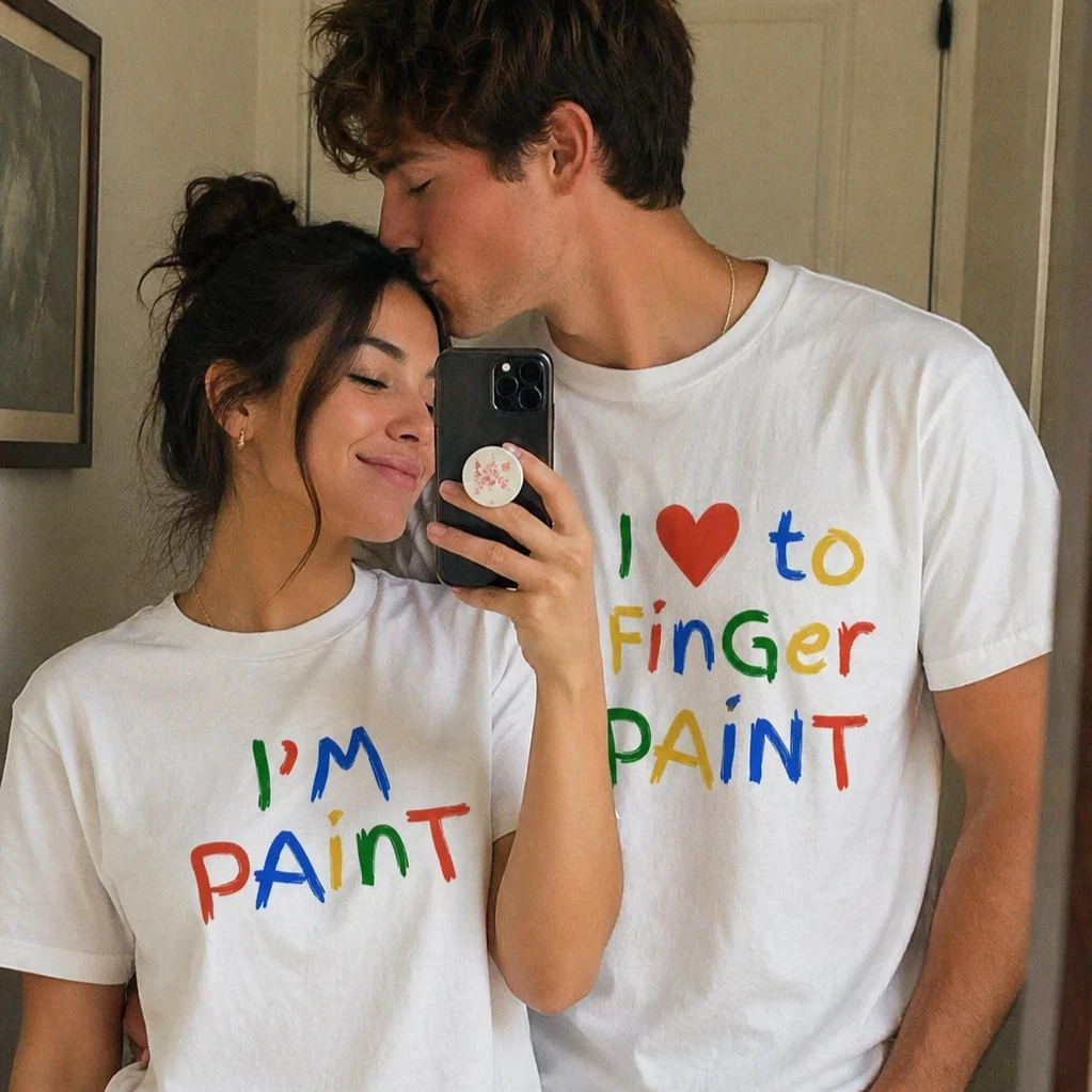 I enjoy finger painting. Fun couple T-shirts as gifts.  Unisex pure cotton loose-fitting shirt women clothes harajuku tops
