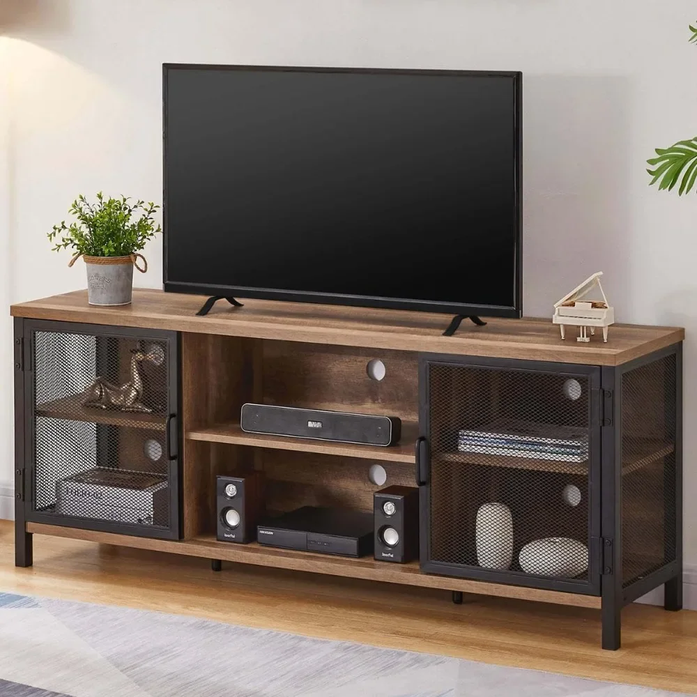 Industrial Entertainment Center for TVs Up To 65 Inch, Rustic Wood TV Stand, Large TV Console and TV Cabinet for Living