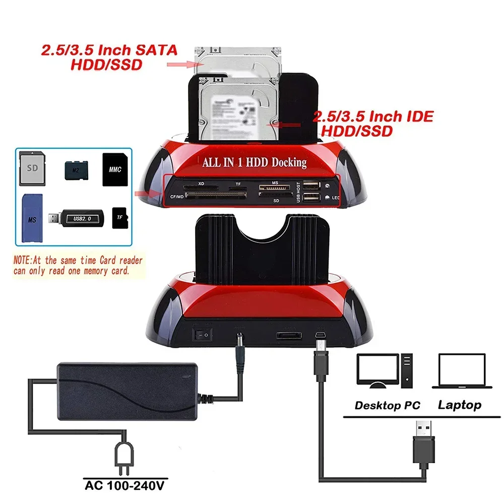 Wszystko w jednym stacji dokującej USB 2.0 z dwoma gniazdami na dysk twardy SATA IDE z czytnikiem kart do dysków twardych 2,5 3,5 cala IDE SATA