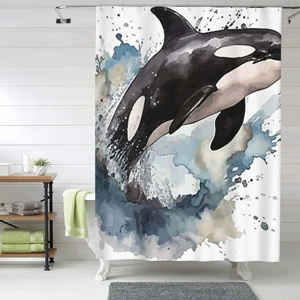 

Orca Aquatic Sea Ocean Killer Whale Shower Curtain Bathroom Polyester Waterproof Bath Curtains with Hooks