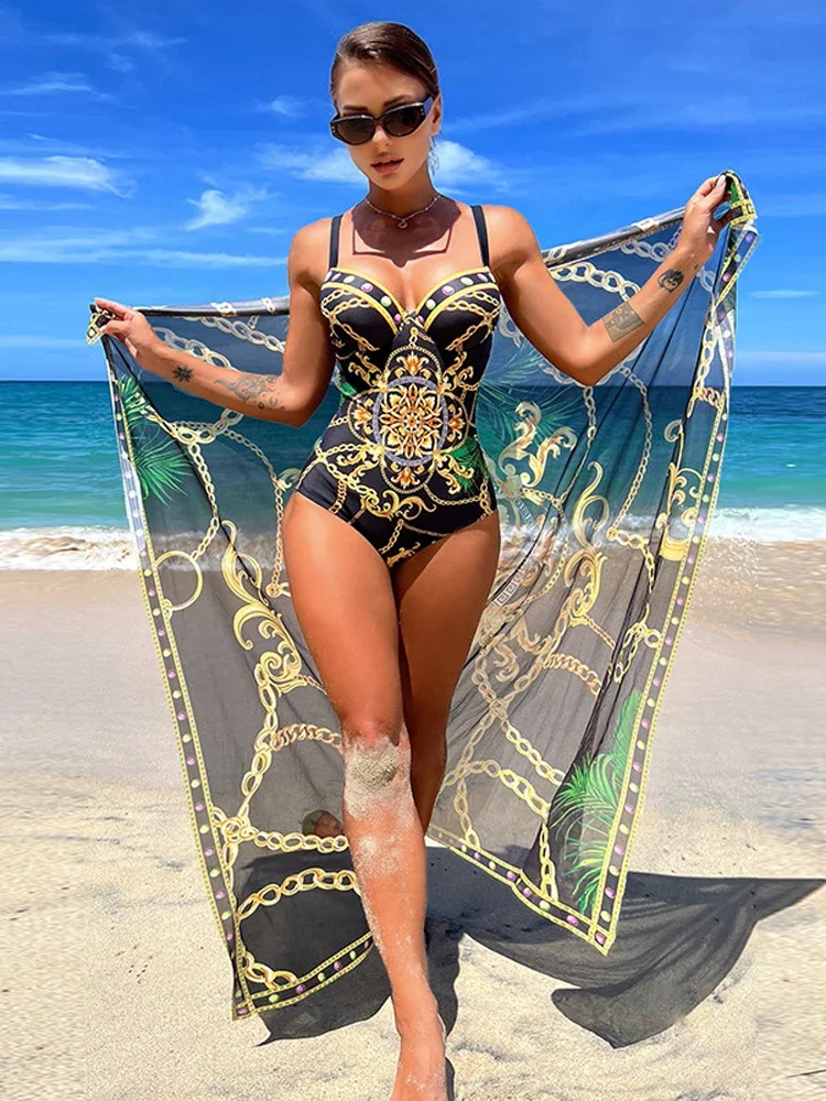 

Fashion Printed Women's Swimsuit Two-piece Set with Cover Up High Waisted Sexy Backless Black Bikini 2023 for Beach Vacation