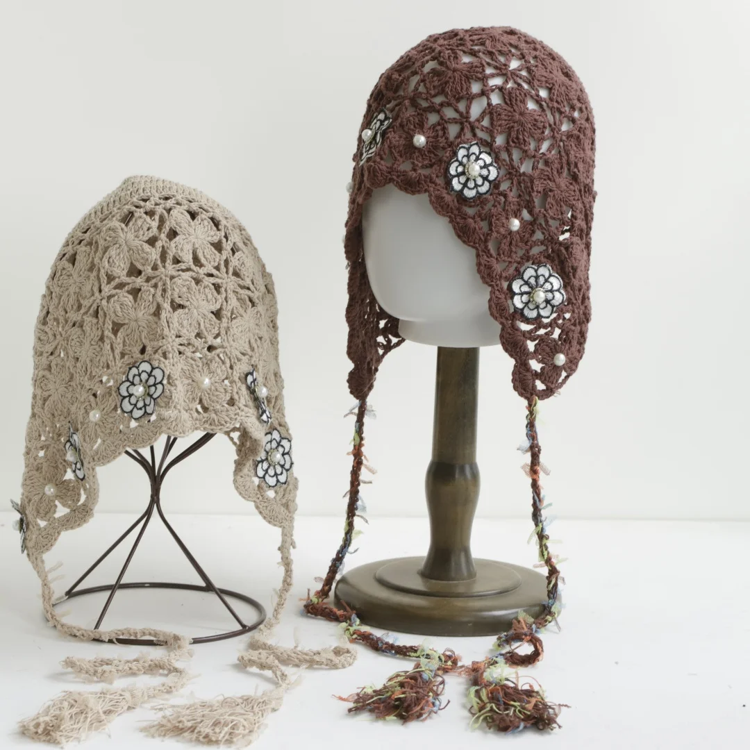 2026 new Ins pearl Flower Knitted Pullover Hats for Women Summer Travel Thin Breathable Versatile Literary Strap Beanies