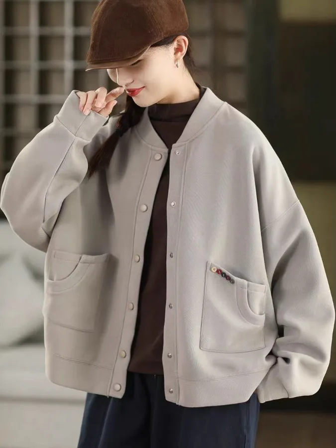 Jaqueta de Mole de Aodão Tricotado Autêntica Estilo Outono com Gola de Beisebol Ajuste Solto para Mulheres Casaco de Inv...