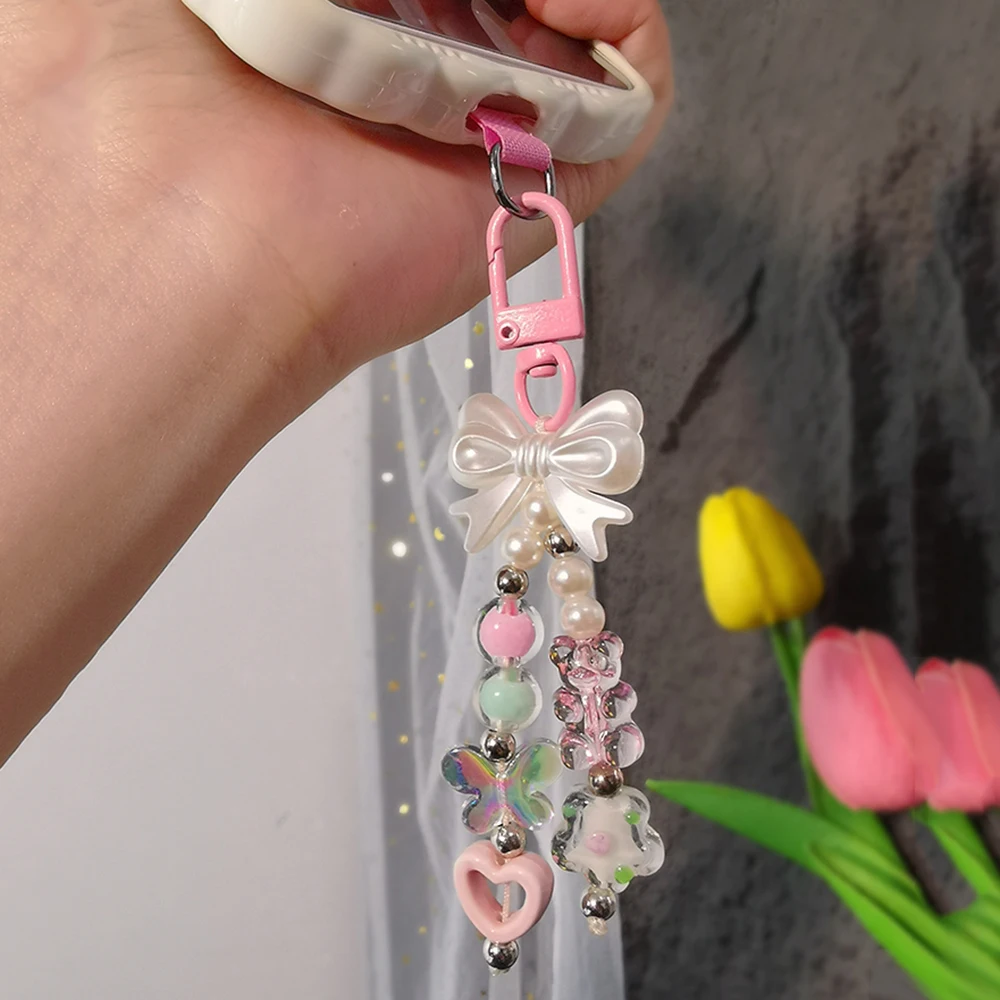 Y2K Glass Flower Bead Phone Strap Charm Chain Knot Cellphone Lanyard Keychain Woman Girl Bag Pendant for Airpods Protective Case